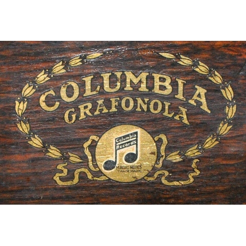 201 - COLUMBIA GRANFONOLA, A 20TH CENTURY OAK CASED FLOOR STANDING WIND UP GRAMOPHONE, the hinged lid encl... 