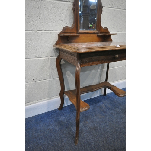 211 - A 20TH CENTURY DRESSING TABLE, of small proportions, with a rectangular bevelled edge mirror, two sm... 