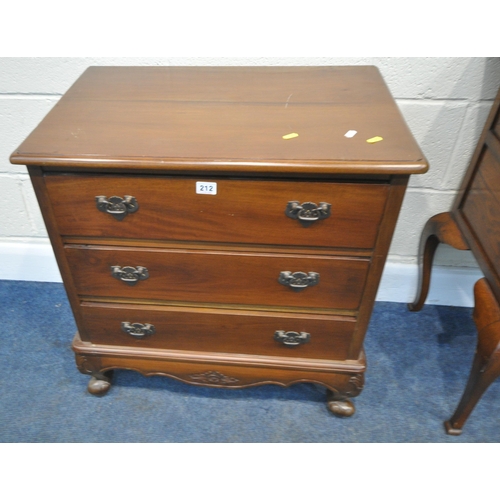 212 - A LATE 20TH CENTURY HARDWOOD CHEST OF THREE DRAWERS, width 66cm x depth 44cm x height 71cm, along wi... 