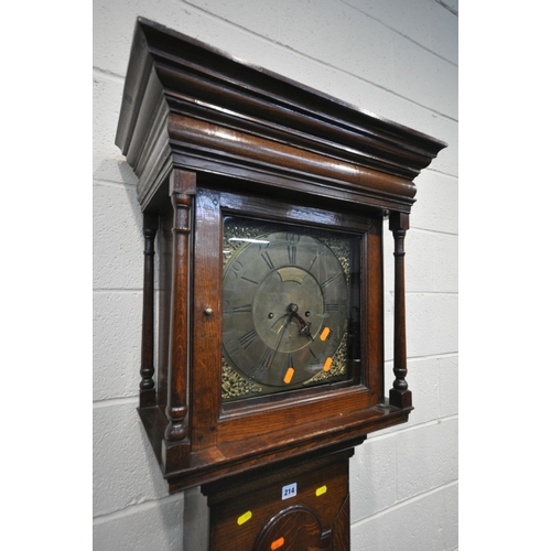 214 - A GEORGIAN OAK CASE EIGHT DAY LONGCASE CLOCK, the box hood with a square glass door, thats enclosin... 