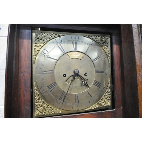 214 - A GEORGIAN OAK CASE EIGHT DAY LONGCASE CLOCK, the box hood with a square glass door, thats enclosin... 