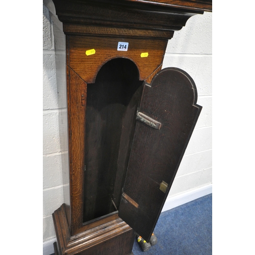 214 - A GEORGIAN OAK CASE EIGHT DAY LONGCASE CLOCK, the box hood with a square glass door, thats enclosin... 