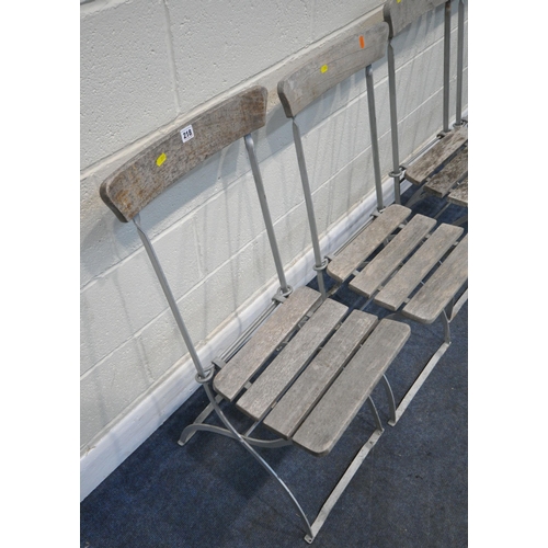 218 - A SET OF FOUR STEEL AND PINE FOLDING CHAIRS, condition report: one is taller than the other three, m... 