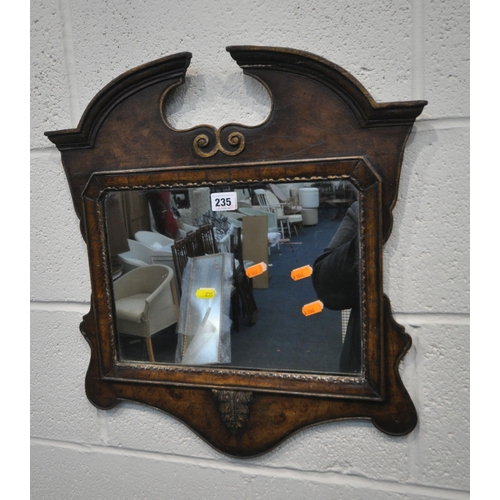 235 - A REPRODUCTION WALL MIRROR, with a broken arch pediment, 47cm x 54cm, four other wall mirrors, a tab... 