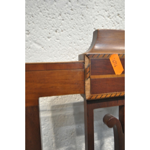 243 - A SET OF FOUR EDWARDIAN MAHOGANY CHAIRS, the backrests with scrolled designs, stripped drop in seat ... 