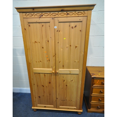 248 - A MODERN PINE DOUBLE DOOR WARDROBE, width 108cm x depth 56cm x height 196cm, a pine chest of four lo... 