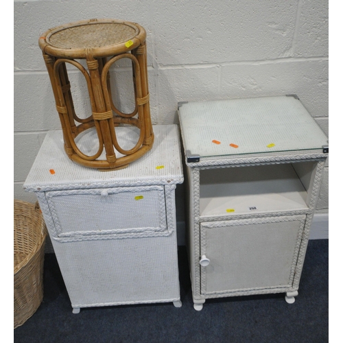 250 - A WHITE PAINTED WICKER POT CUPBOARD, with a glass top, and a single door, width 42cm x depth 23cm x ... 