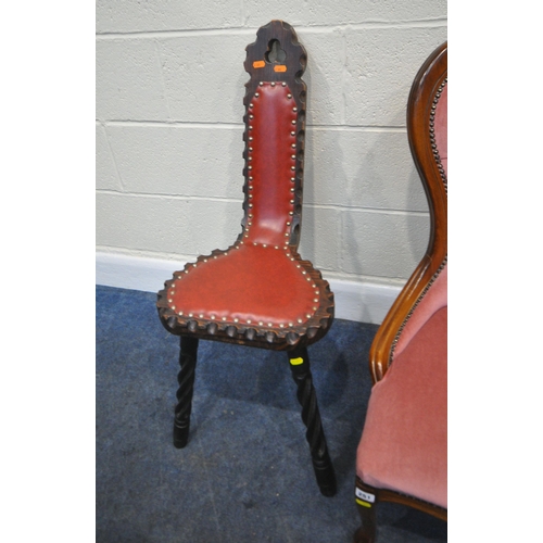 251 - A 20TH CENTURY BALLOON BACK BEDROOM CHAIR, width 57cm x depth 65cm x height 86cm, along with an oak ... 