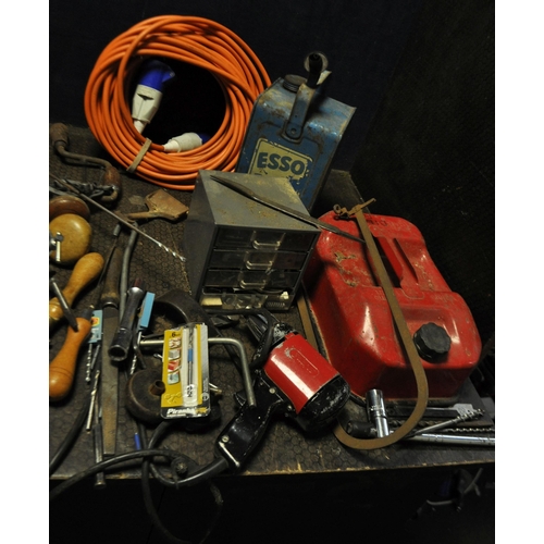 53 - A METAL TOOLBOX AND A PLASTIC BOX CONTAINING TOOLS including a RAC battery charger, a vintage Black ... 