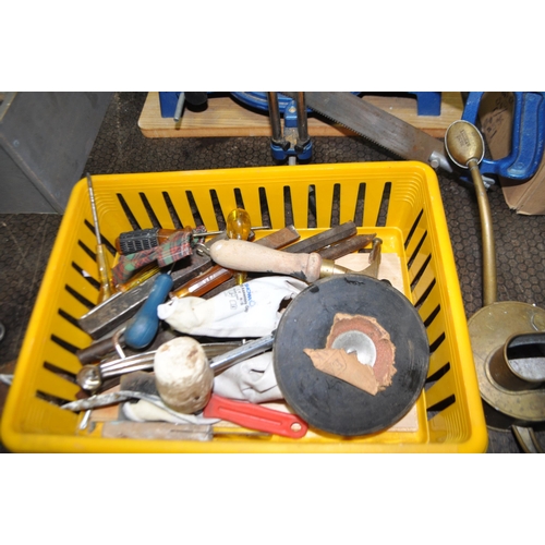 54 - TWO BOXES AND A DRAWER CONTAINING TOOLS including a Stanley brace, a Record 18 Stilson, a mitre saw,... 