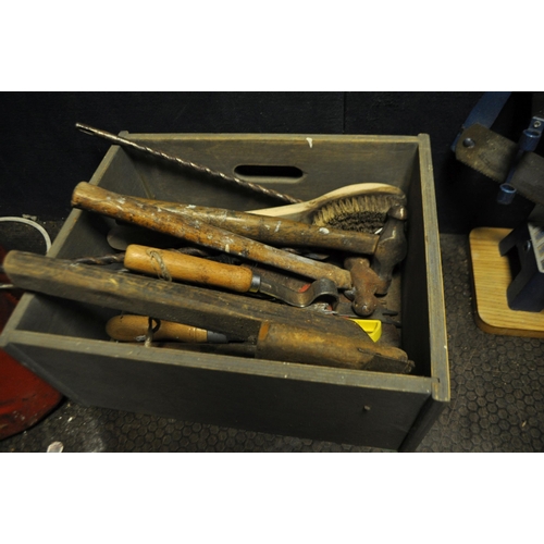 54 - TWO BOXES AND A DRAWER CONTAINING TOOLS including a Stanley brace, a Record 18 Stilson, a mitre saw,... 