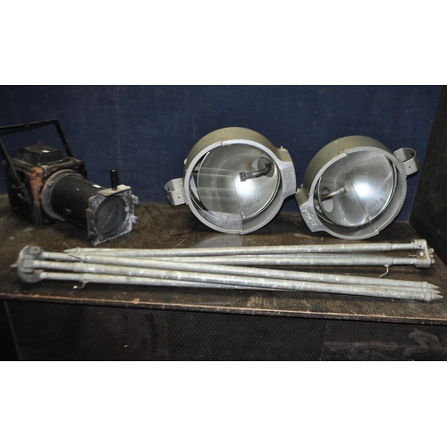 63 - A SELECTION OF VINTAGE STAGE LIGHTING including a pair of Bullfinch round flood lights with cast alu... 