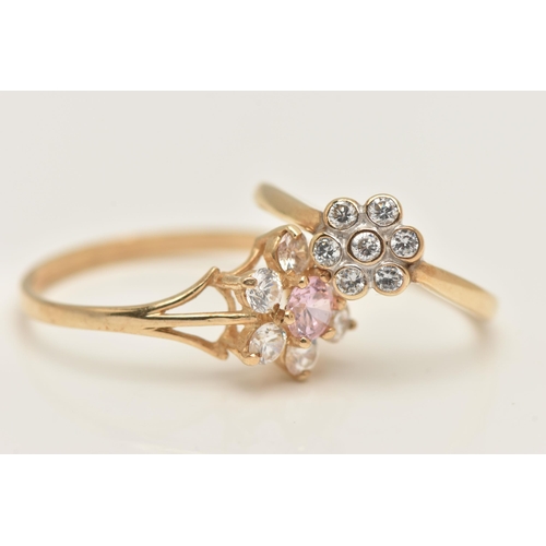 410 - TWO 9CT GOLD GEM SET RINGS, the first a cubic zirconia flower cluster ring, hallmarked 9ct Sheffield... 