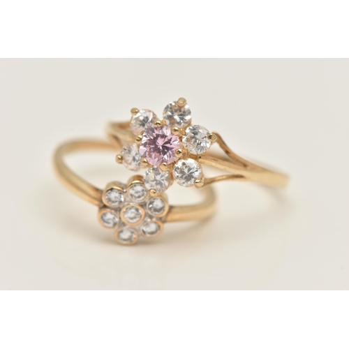 410 - TWO 9CT GOLD GEM SET RINGS, the first a cubic zirconia flower cluster ring, hallmarked 9ct Sheffield... 