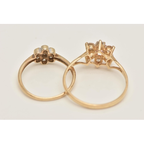 410 - TWO 9CT GOLD GEM SET RINGS, the first a cubic zirconia flower cluster ring, hallmarked 9ct Sheffield... 