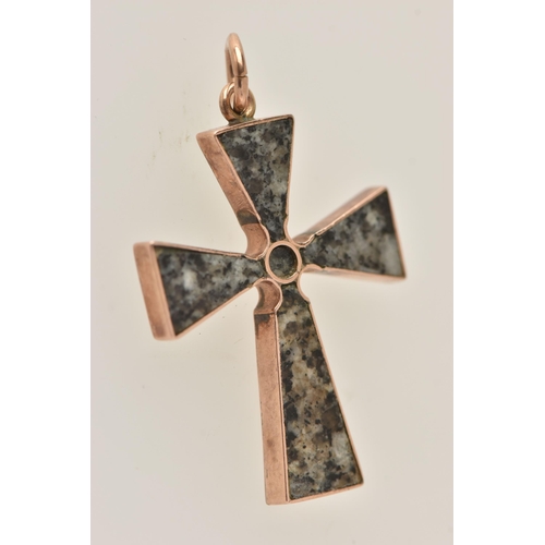 411 - A ROSE METAL, HARDSTONE CROSS PENDANT, possibly jasper collet set within a polished rose metal mount... 