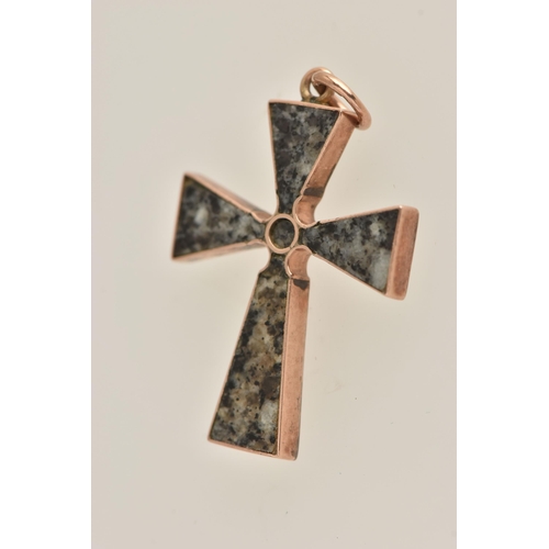 411 - A ROSE METAL, HARDSTONE CROSS PENDANT, possibly jasper collet set within a polished rose metal mount... 