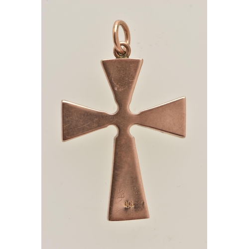 411 - A ROSE METAL, HARDSTONE CROSS PENDANT, possibly jasper collet set within a polished rose metal mount... 