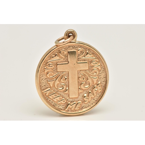 412 - A YELLOW METAL ST.CHRISTOPHER PENDANT,  hollow pendant embossed to one side with St. Christopher, th... 