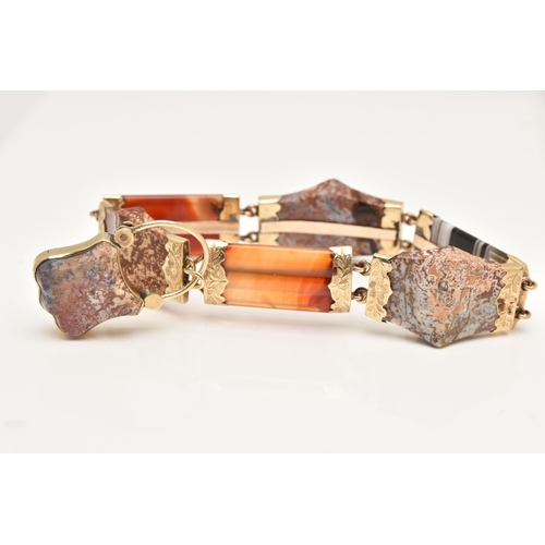 414 - A VICTORIAN AGATE LINE BRACELET, two carved carnelian panels, a carved banded agate panel and three ... 