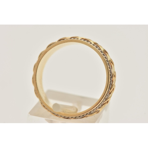 419 - AN 18CT GOLD WIDE BAND RING, plait to the centre of the band with fine white metal rope twist detail... 