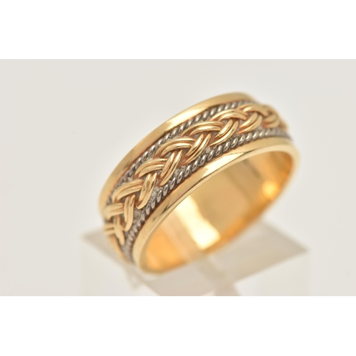 419 - AN 18CT GOLD WIDE BAND RING, plait to the centre of the band with fine white metal rope twist detail... 