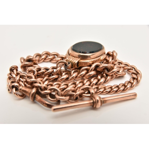 423 - A ROSE METAL ALBERT CHAIN WITH FOB, graduated curb link chain, each link stamped 9.375, fitted with ... 