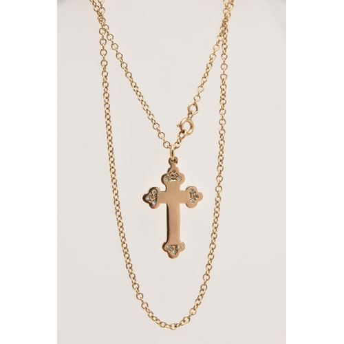 424 - A 9CT GOLD DIAMOND SET CROSS PENDANT WITH CHAIN, polished cross set with single cut diamond accents,... 