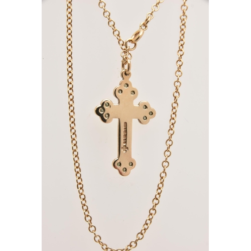 424 - A 9CT GOLD DIAMOND SET CROSS PENDANT WITH CHAIN, polished cross set with single cut diamond accents,... 