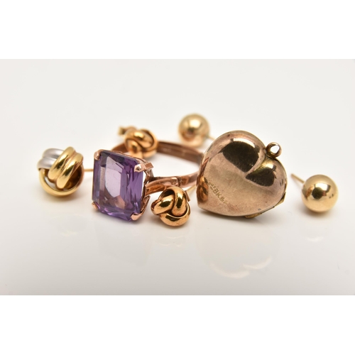 426 - SMALL ASSORTMENT OF JEWELLERY, to include a rose metal synthetic colour change sapphire ring, stampe... 