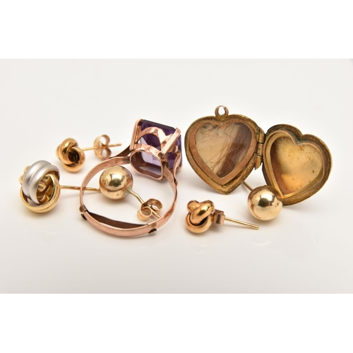 426 - SMALL ASSORTMENT OF JEWELLERY, to include a rose metal synthetic colour change sapphire ring, stampe... 