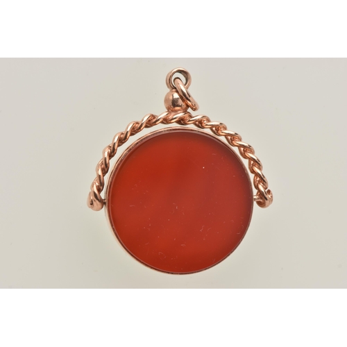 432 - A 9CT ROSE GOLD SWIVEL FOB, of a circular form, set with a bloodstone and carnelian inlay, hallmarke... 