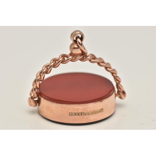 432 - A 9CT ROSE GOLD SWIVEL FOB, of a circular form, set with a bloodstone and carnelian inlay, hallmarke... 