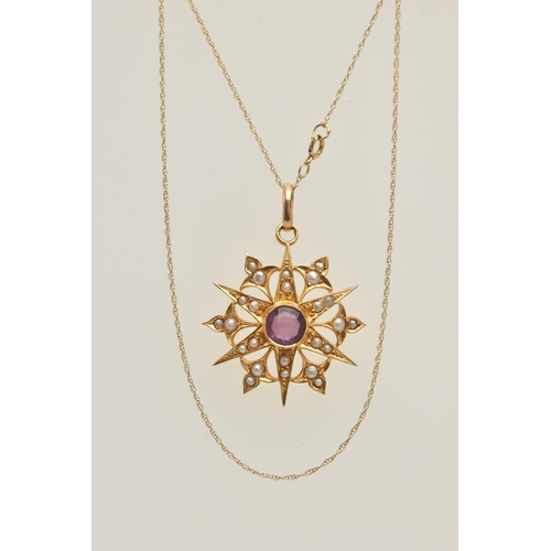 433 - A YELLOW METAL AMETHYST AND SEED PEARL PENDANT AND CHAIN, circular star shape pendant set with a cen... 