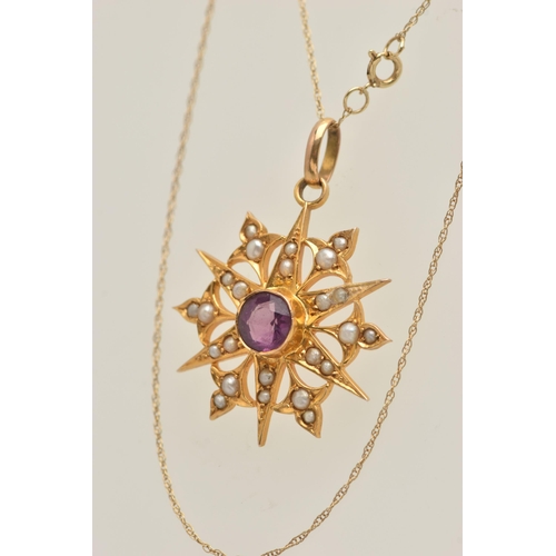 433 - A YELLOW METAL AMETHYST AND SEED PEARL PENDANT AND CHAIN, circular star shape pendant set with a cen... 