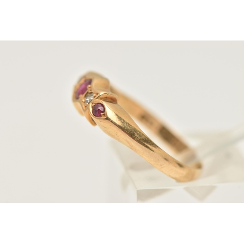 444 - AN 18CT GOLD GEM SET RING, three circular cut rubies and two old cut diamonds, prong set in a yellow... 