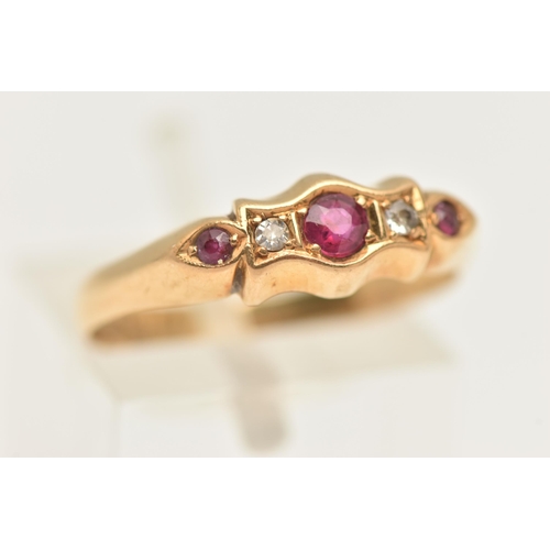 444 - AN 18CT GOLD GEM SET RING, three circular cut rubies and two old cut diamonds, prong set in a yellow... 