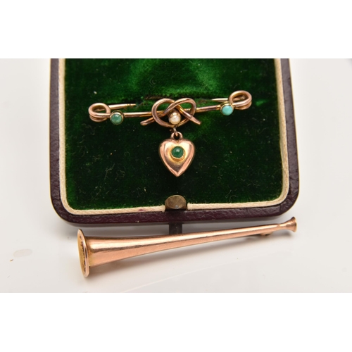 449 - TWO LATE VICTORIAN BROOCHES, the first a yellow metal bar brooch with a lovers knot and a heart drop... 