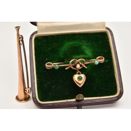 449 - TWO LATE VICTORIAN BROOCHES, the first a yellow metal bar brooch with a lovers knot and a heart drop... 