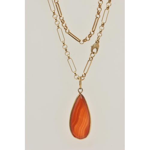 453 - A 9CT GOLD CARNELIAN PENDANT NECKLACE AND A RING, polished tear drop carnelian pendant collet set, f... 