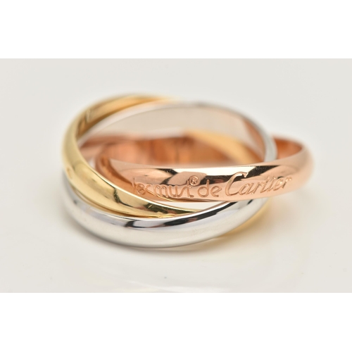 454 - A 'LES MUST DE CARTIER' TRINITY BAND, yellow, white and rose gold interlocking bands, singed 'Les Mu... 