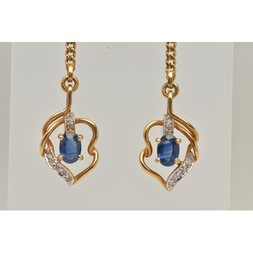 457 - A 14CT GOLD SAPPHIRE AND DIAMOND PENDANT AND A PAIR OF YELLOW METAL DROP EARRINGS, the pendant set w... 