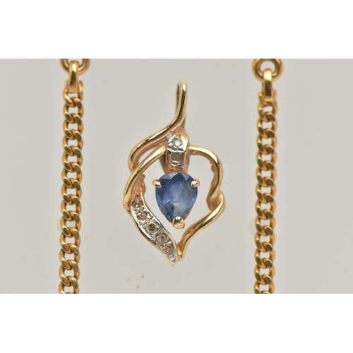 457 - A 14CT GOLD SAPPHIRE AND DIAMOND PENDANT AND A PAIR OF YELLOW METAL DROP EARRINGS, the pendant set w... 