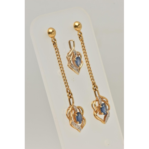 457 - A 14CT GOLD SAPPHIRE AND DIAMOND PENDANT AND A PAIR OF YELLOW METAL DROP EARRINGS, the pendant set w... 