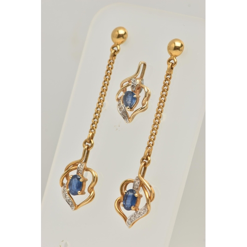 457 - A 14CT GOLD SAPPHIRE AND DIAMOND PENDANT AND A PAIR OF YELLOW METAL DROP EARRINGS, the pendant set w... 