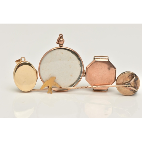 458 - A SMALL ASSORTMENT OF ITEMS, to include a 9ct gold oval locket with foliate pattern, fitted with a t... 