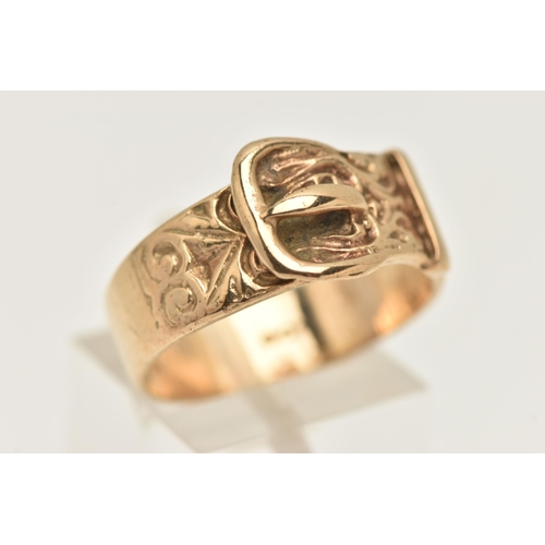 465 - A 9CT BELT BUCKLE RING, wide buckle approximate width 10.7mm, with scrolling pattern and polished ba... 