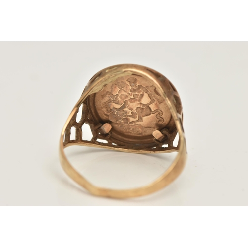 466 - A 9CT GOLD SIGNET RING, of a circular form, depicting George And The Dragon, open work shoulders lea... 