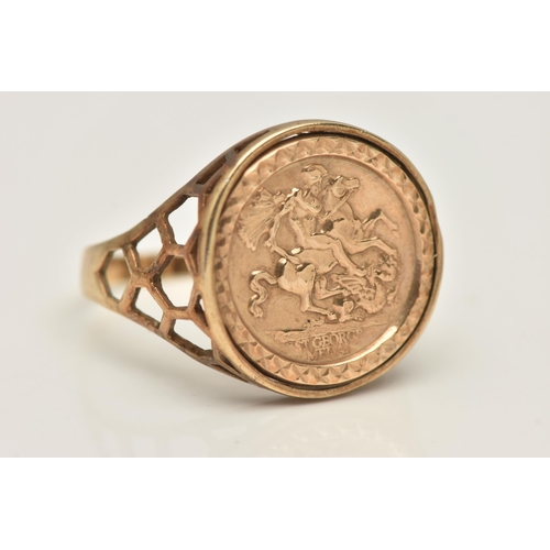 466 - A 9CT GOLD SIGNET RING, of a circular form, depicting George And The Dragon, open work shoulders lea... 