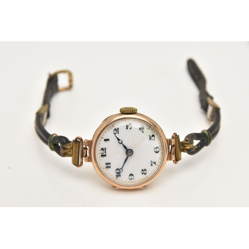 472 - AN EARLY 20TH CENTURY 9CT GOLD LADIES WRISTWATCH, manual wind, round white dial with Arabic numerals... 